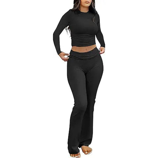 ANRABESS Women 2 Piece Outfits Lightweight Lounge Sets Long Sleeve Cropped Top Fold-over F
