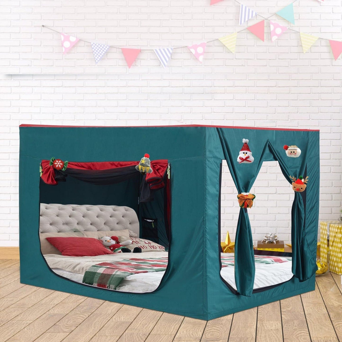 DOLEMODUO Kids Bed Tent, Play & Sleeping Privacy Full Tent, Indoor Breathable Blackout Bed Canopy with Three Doors, Red and Green Christmas Tent