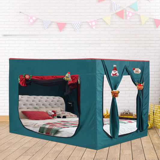 DOLEMODUO Kids Bed Tent, Play & Sleeping Privacy Full Tent, Indoor Breathable Blackout Bed Canopy with Three Doors, Red and Green Christmas Tent