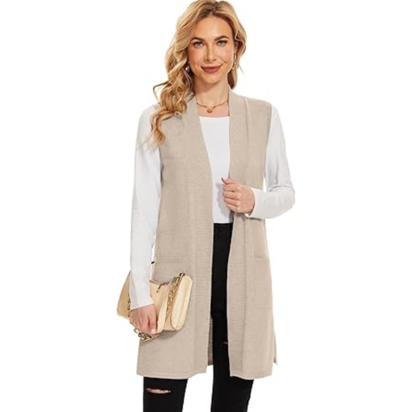 Moss Rose Long Vest for Women Sleeveless Lightweight Open Front Cardigans Ribbed Knit Outw