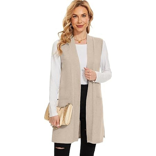 Moss Rose Long Vest for Women Sleeveless Lightweight Open Front Cardigans Ribbed Knit Outw