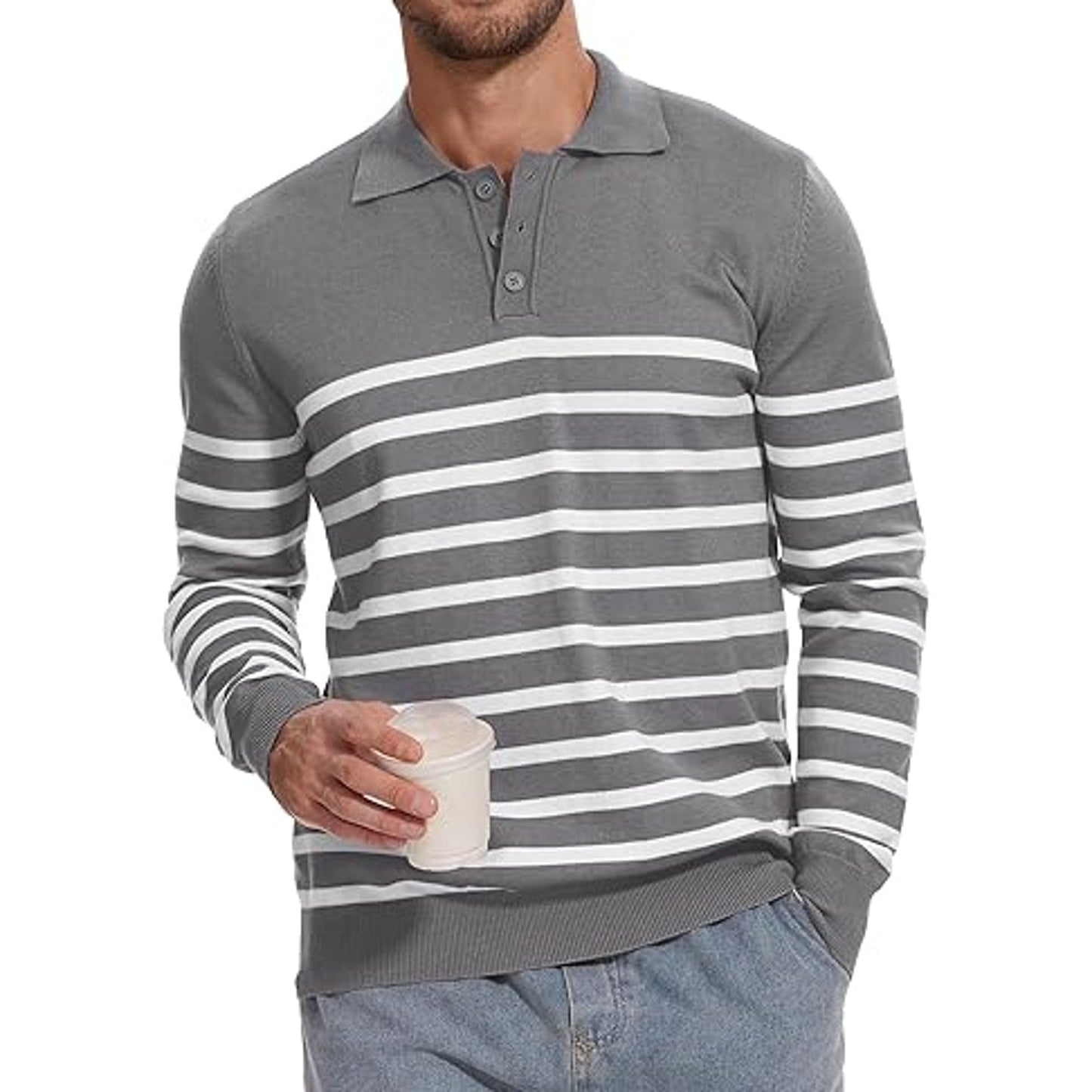 Demoking Striped Sweaters for Men Polo Shirts Long Sleeve Mens Casual Knit Sweater Grey L
