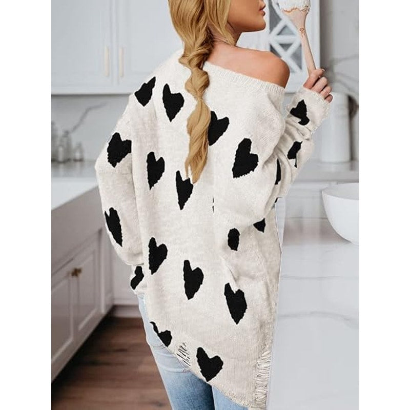 Tutorutor Womens Off The Shoulder Sweaters Oversized Lightweight Long Sleeve Cute Heart Lo