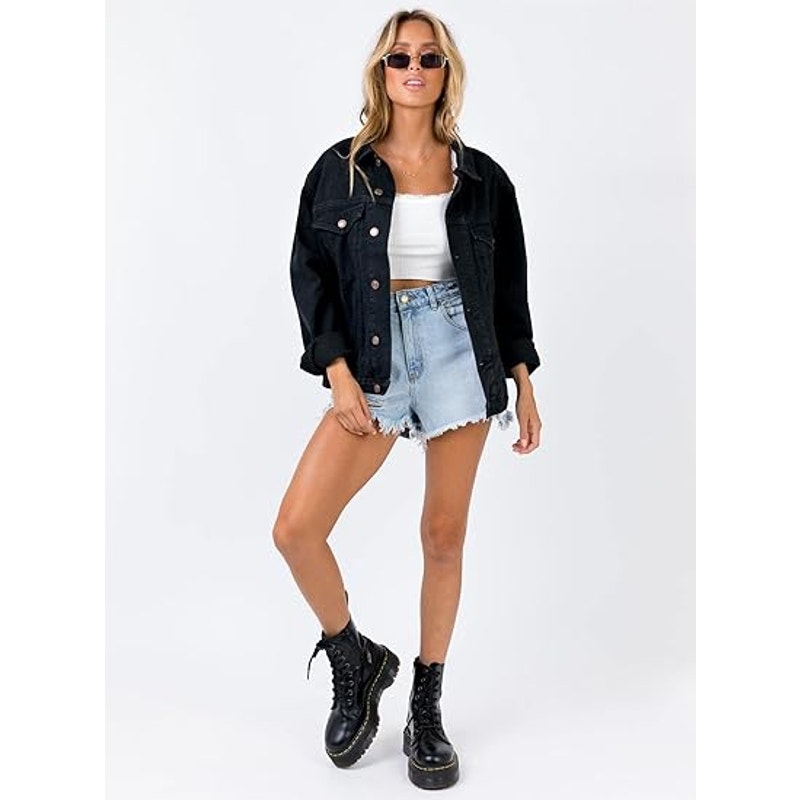 Justalwart Jean Jacket Women Oversized Black Denim Jacket (L, Black washed)