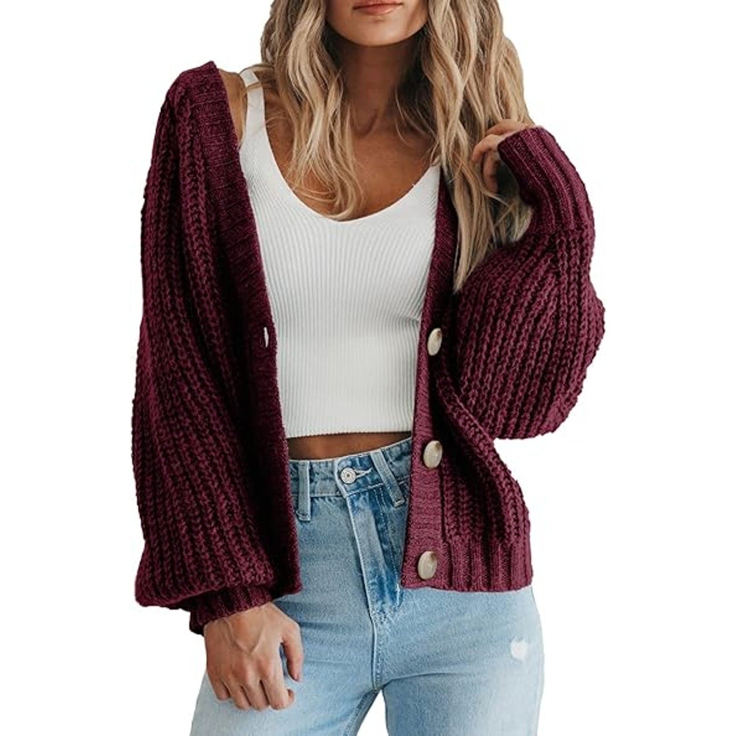 Women's Long Sleeve Plain Button Down Sweater Classic V-Neck Knit Cardigan Op