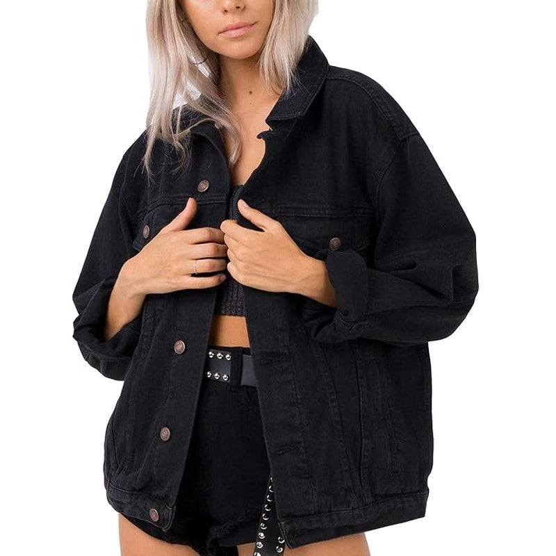 Justalwart Jean Jacket Women Oversized Black Denim Jacket (L, Black washed)