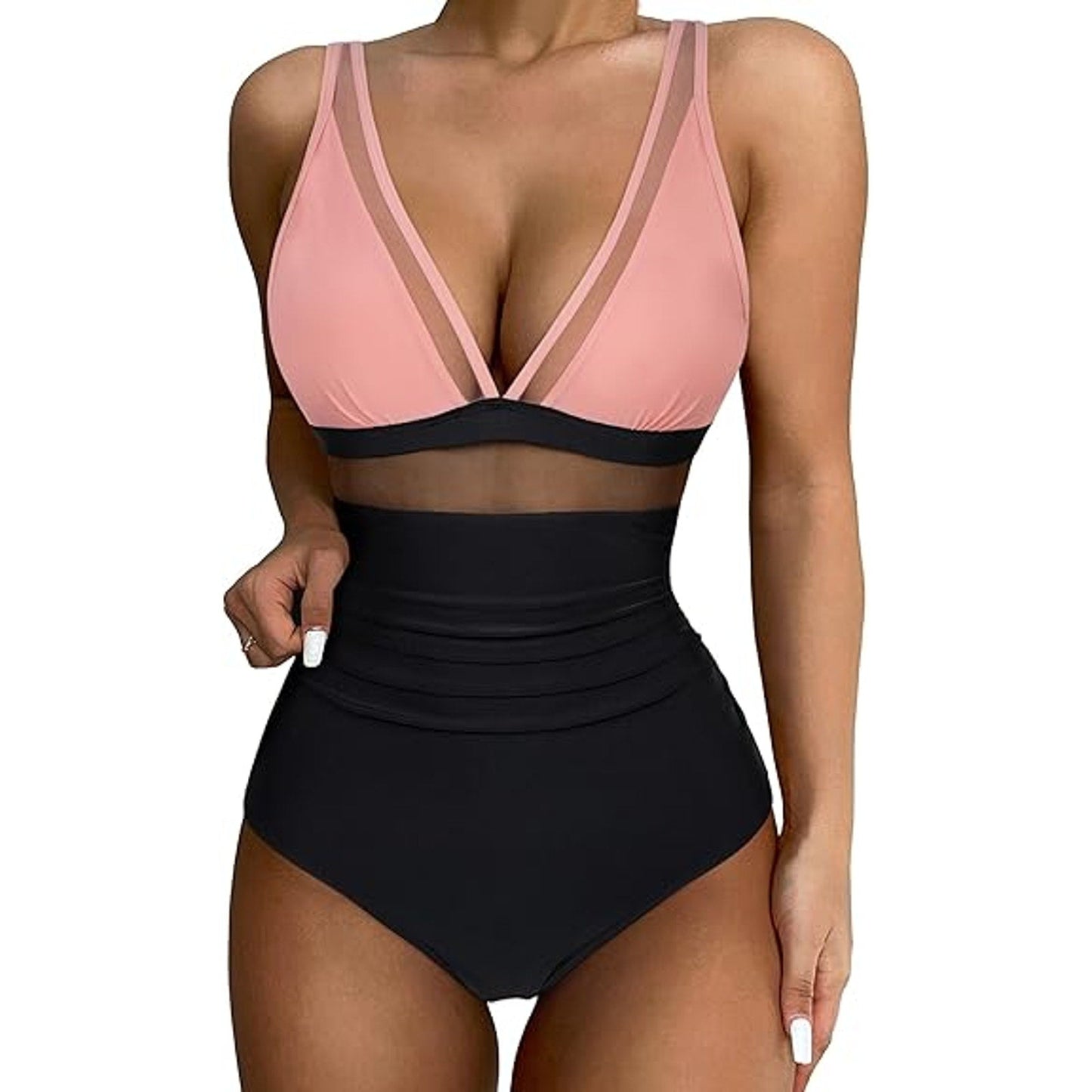 SUUKSESS Women Slimming Tummy Control One Piece Swimsuits Sexy Mesh High Waisted Monokini