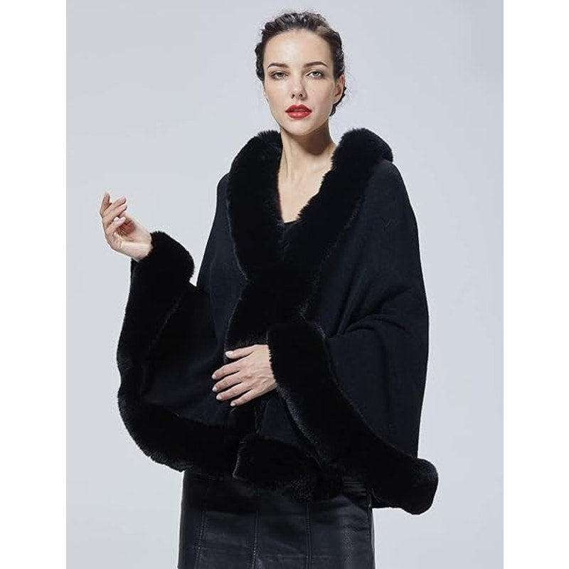 SUFCOMOU Women Faux Fur Shawl Wrap Cape with Fur Trim Sleeveless Cardigan Dressy Cloak Win