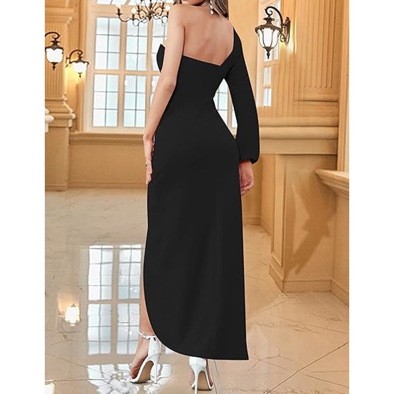 ZESICA Women's 2024 One Shoulder Long Sleeve Cocktail Dress Sexy High Slit Ruched Bodycon