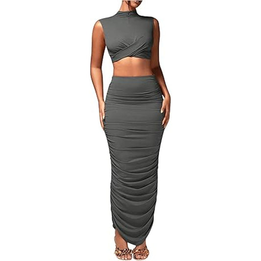 BEAUDRM Women's Sexy 2 Piece Outfits Solid Mock Neck Criss Cross Crop Top Tank Top and Ruc