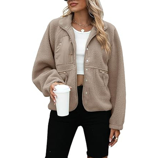 Womens Fleece Jacket Fuzzy Long Sleeve Short Coats Button Down Sherpa Outerwear wi
