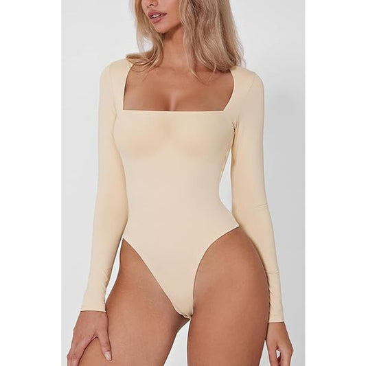 QINSEN Bodysuit Shirts for Women Square Neck Long Sleeve Shirt Double Lined Tops Marzipan