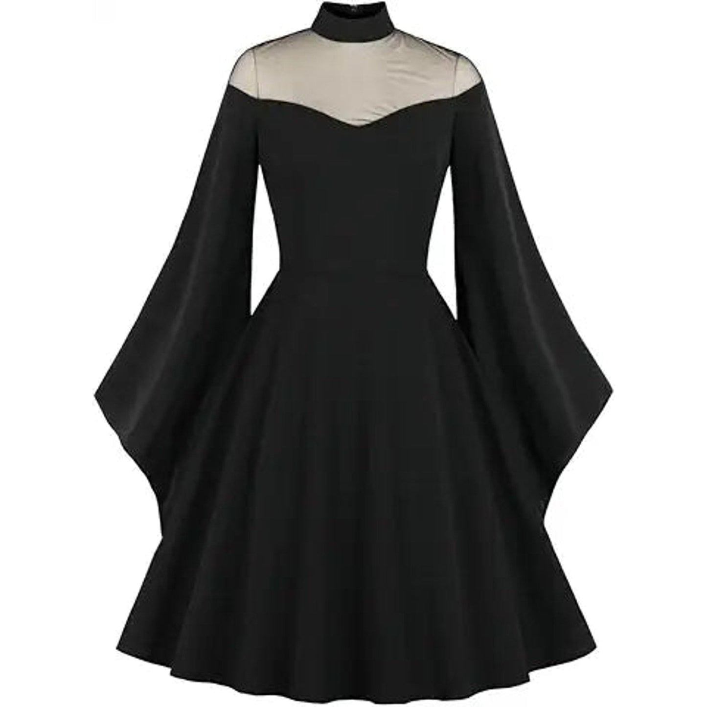 Women Mesh Long Sleeve Gothic Cocktail Vintage Dress High Neck Flare Bell Sleeve Goth Punk
