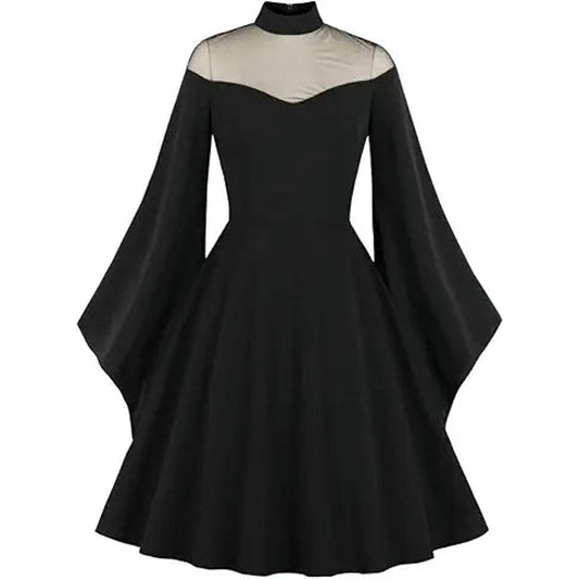 Women Mesh Long Sleeve Gothic Cocktail Vintage Dress High Neck Flare Bell Sleeve Goth Punk