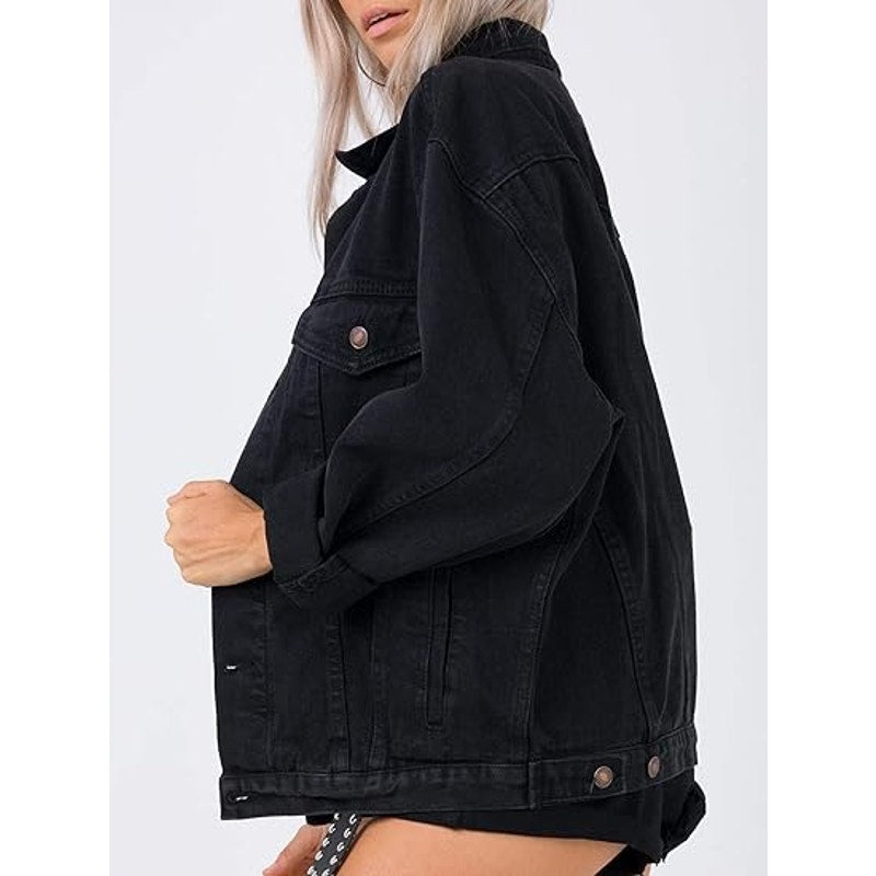 Justalwart Jean Jacket Women Oversized Black Denim Jacket (L, Black washed)