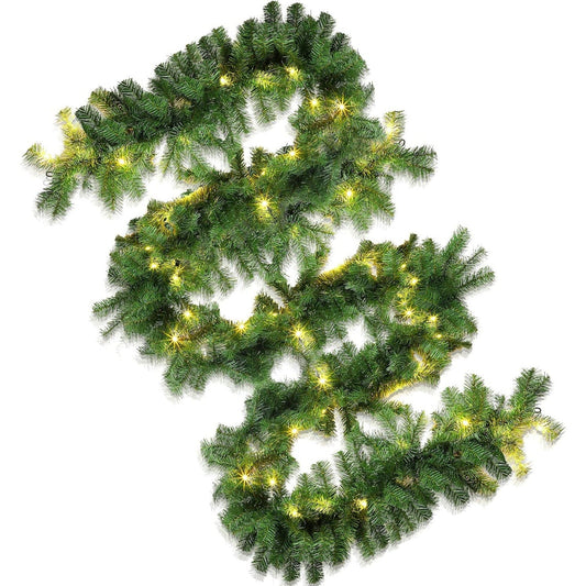 Juinte 26ft Christmas Garland with 100 LED Battery Operated Warm Lights Thick Outdoor Christmas Lighted Garland Artificial Green Garland Christmas Decoration for Door Stairs Railing Fireplace