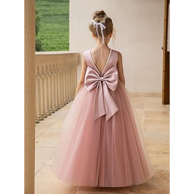 MCieloLuna Dusty Rose Ball Gown Tulle Flower Girl Dresses Bow-Knot Pearls Bridesmaid Weddi