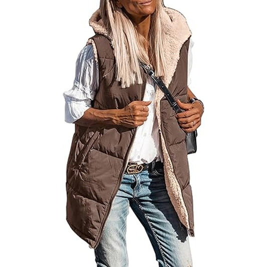 PRETTYGARDEN Womens Fall Reversible Vests Sleeveless Fleece Jacket Zip Up Hoodie Pockets L