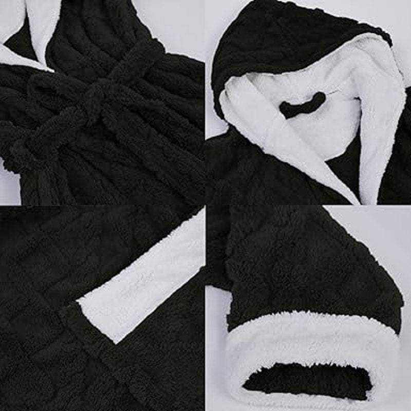 Dowesrobe Women's fluffy hooded plush bathrobe Winter warm and soft ladies long bathrobe (
