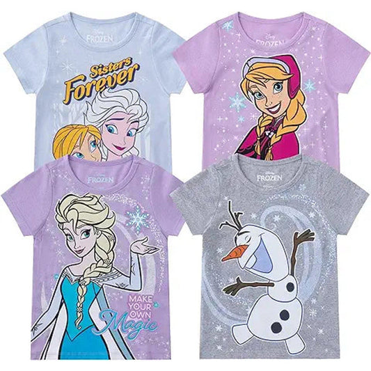 Disney Frozen Elsa, Anna, and Olaf Girls 4 Piece Short Sleeve T-Shirt for Toddler and Big