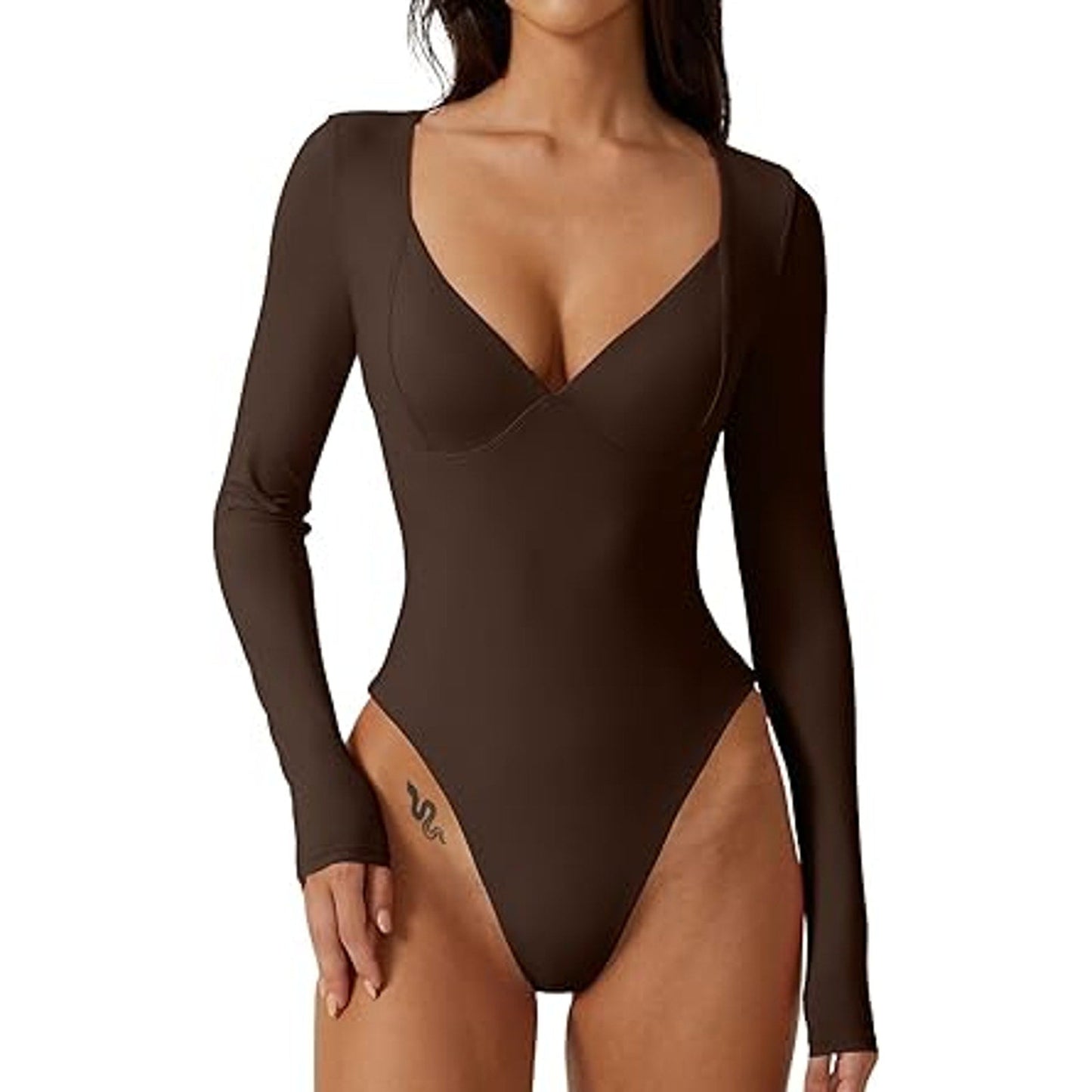 QINSEN Sexy Bodysuit for Women Sweetheart Neckline High Cut Thong Tops Long Sleeve Shirt C