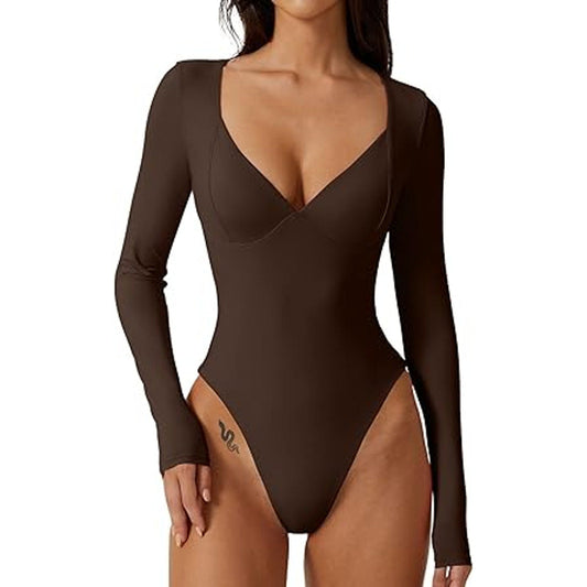 QINSEN Sexy Bodysuit for Women Sweetheart Neckline High Cut Thong Tops Long Sleeve Shirt C
