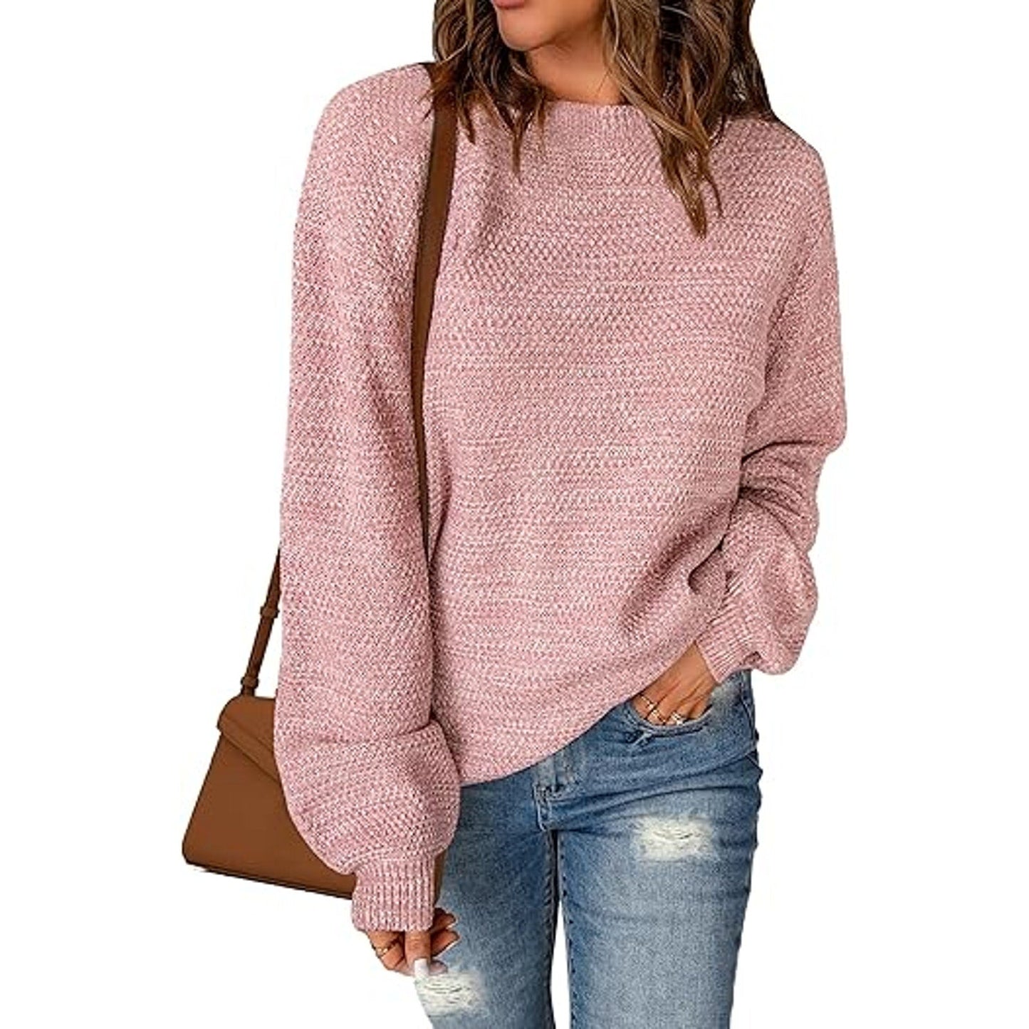 Sucolan Pink Sweater for Women Cute Crew Neck Long Sleeve Oversized Sweaters Casual Loose