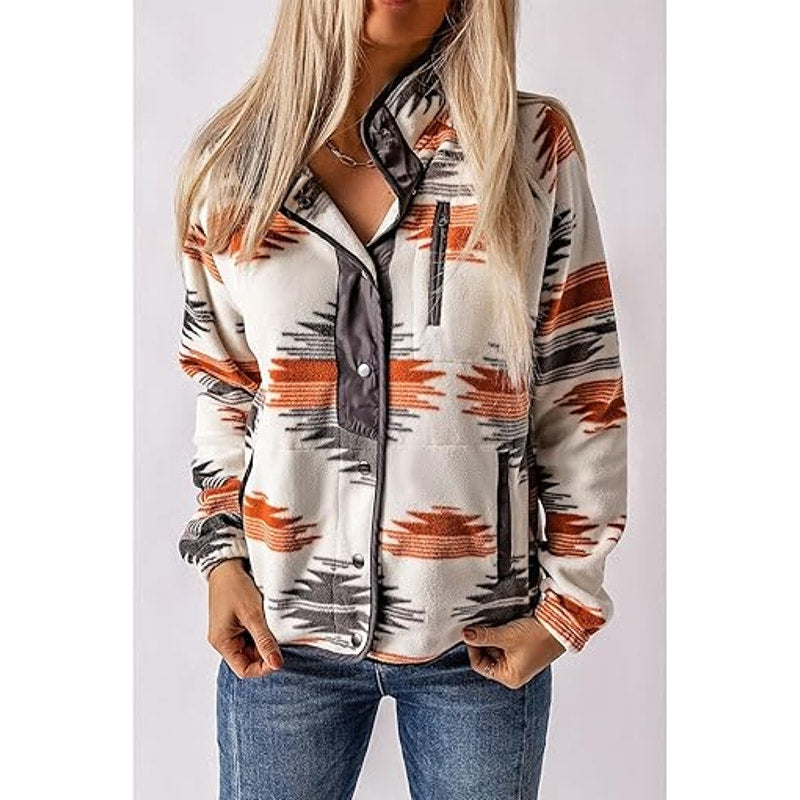 SELINK Womens Fleece Jacket Western Aztec Print Long Sleeve Snap Button Down Shacket Jacke