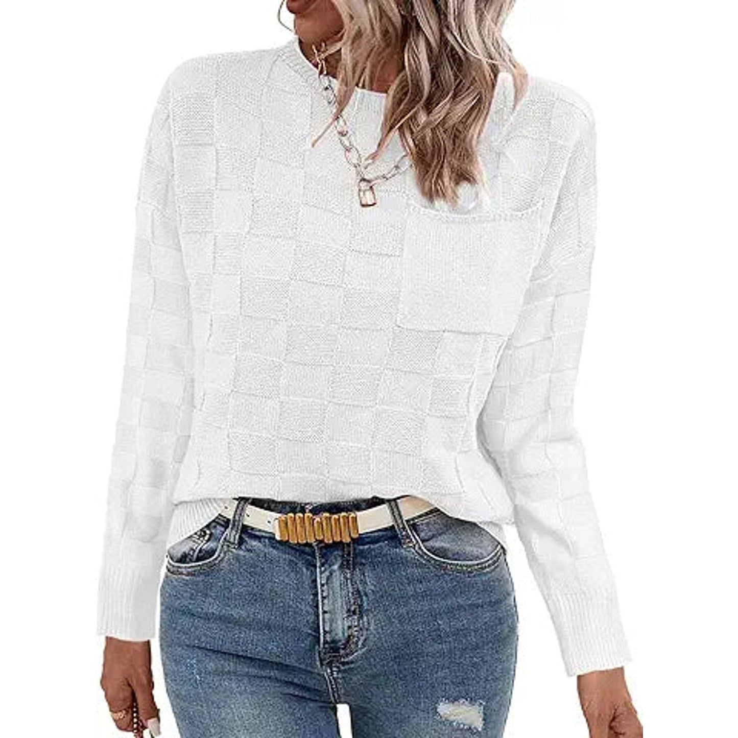 Dimur White Sweaters for Women Long Sleeve Going Out Tunic Tops Fall Fashion Block Knit Cr
