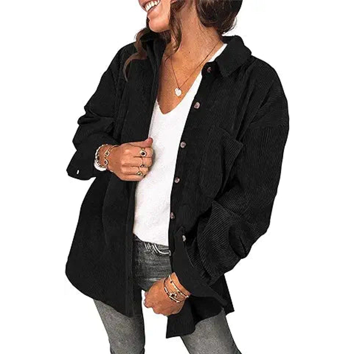 Saslax Womens Corduroy Shirt Long Sleeve Oversized Button Up V Neck Blouses Tops Loose Sha