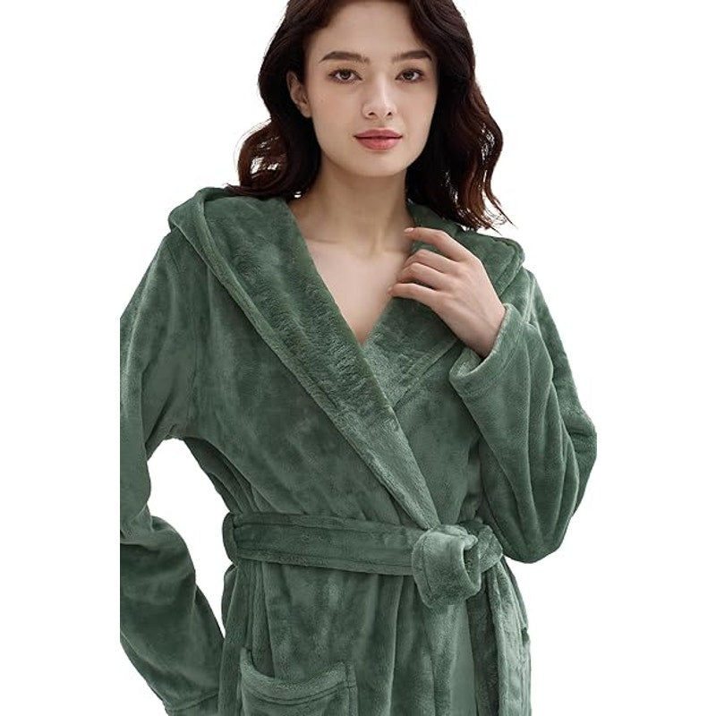 Amorbella Womens Fleece Winter Bathrobe Plush Long Robe Warm(Olive,Medium)