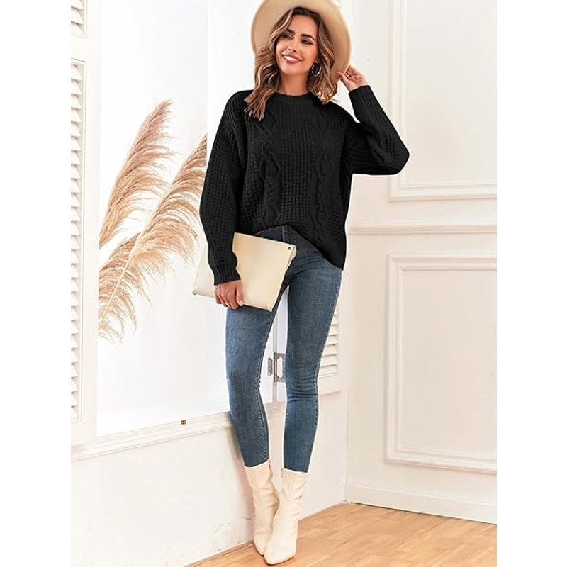 Womens Sweater Cable Knit Oversized Sweaters Crewneck Long Sleeves Casual Knit Pullo