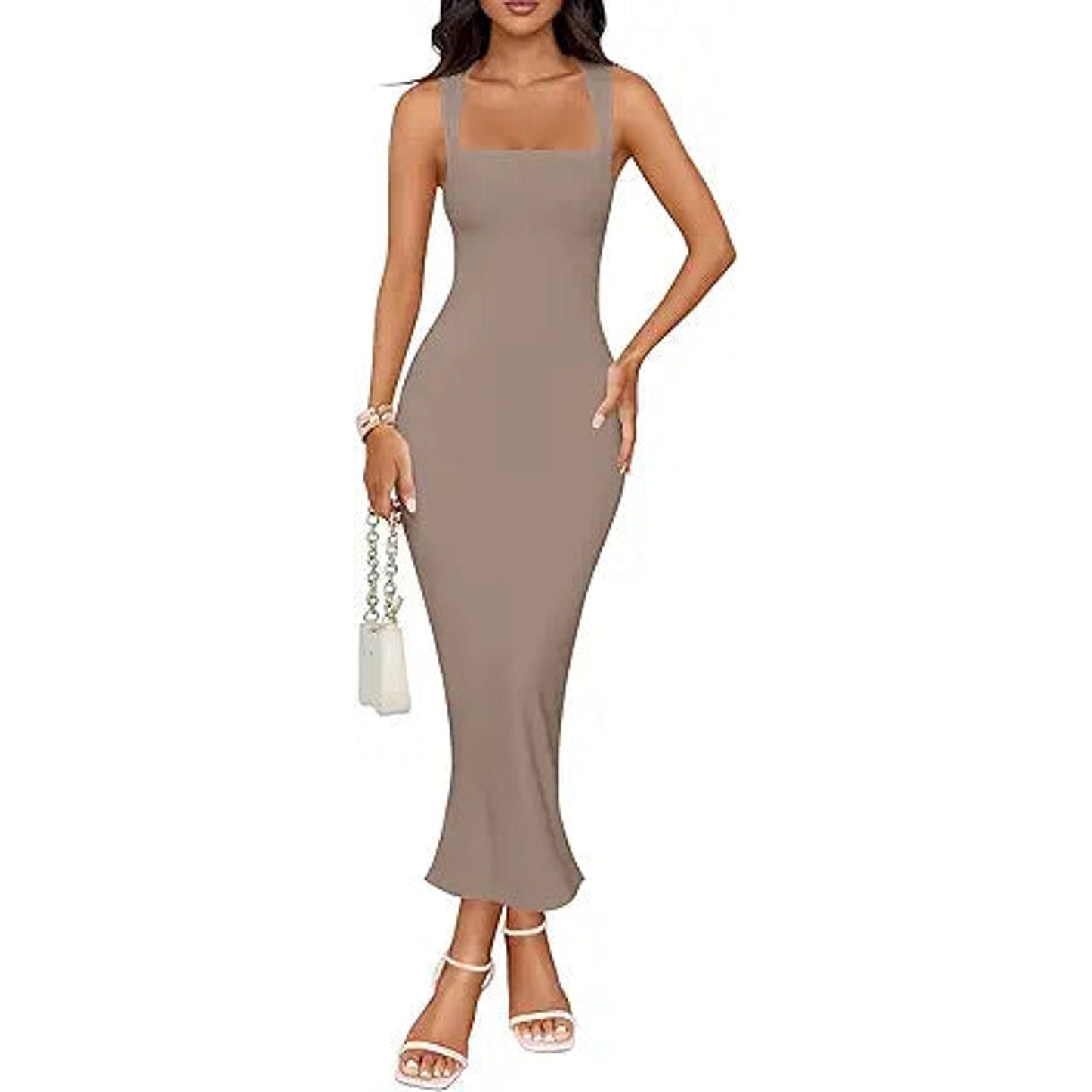 ZESICA Women's Summer Bodycon Midi Dress Sleeveless Square Neck Slim Fit Back Slit Long Co