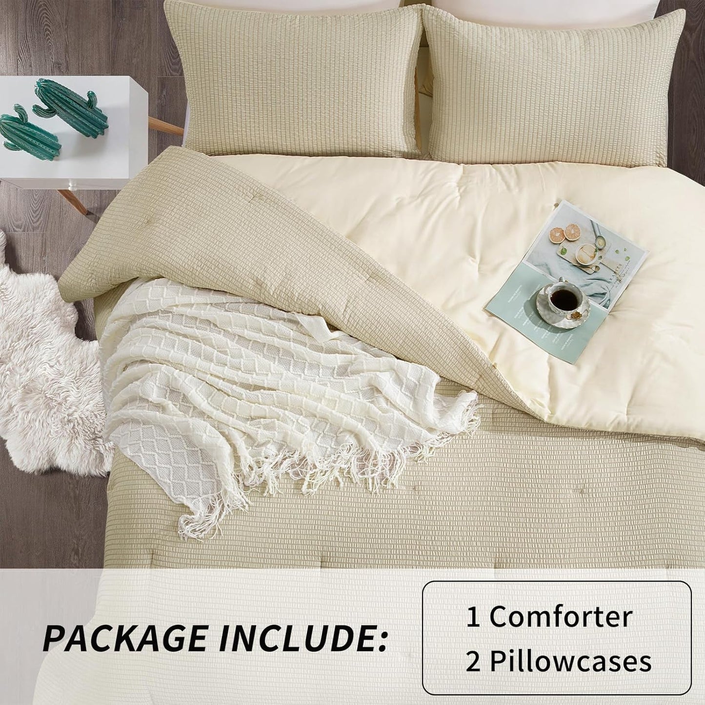 3 Piece Seersucker Oversized King Comforter Set 98x120, Breathable