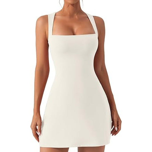 QINSEN Womens Solid Off White Square Neck Bodycon Dress Sleeveless Short Length Party Dres