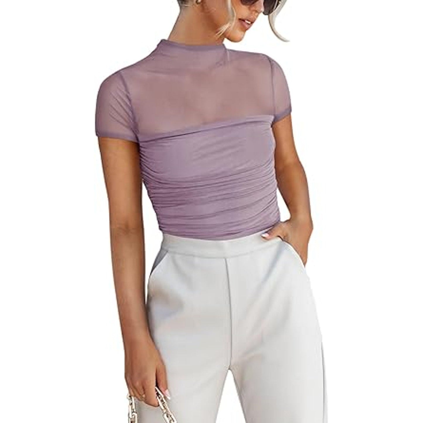 REORIA Women’s Summer Sexy Mock Turtle Neck Short Sleeve Slimming Shirts Sheer Mesh Ruch