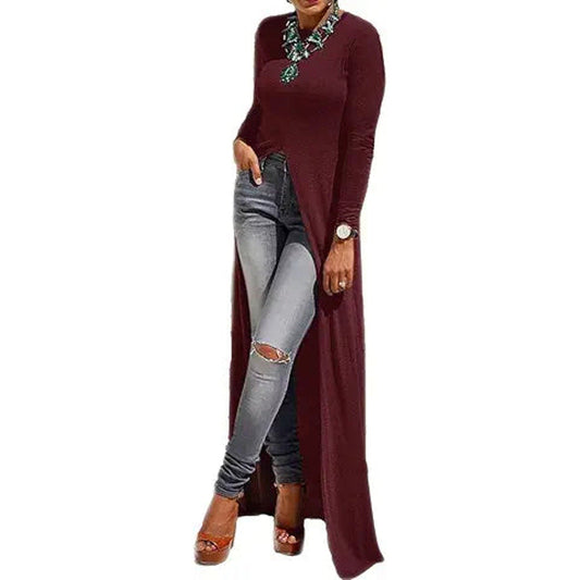MACCHIASHINE Sexy Open Front Split Long Sleeve Party Maxi Dress Tunic Shirt Tops(WR-2XL) W