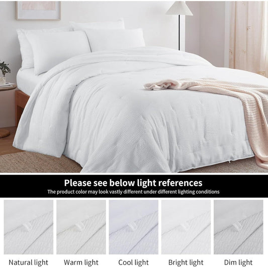 HOMBYS 3 Piece Seersucker Oversized King 120x120, Breathable White Soft Lightweight Bedding Comforter Sets with Comforter for All Season