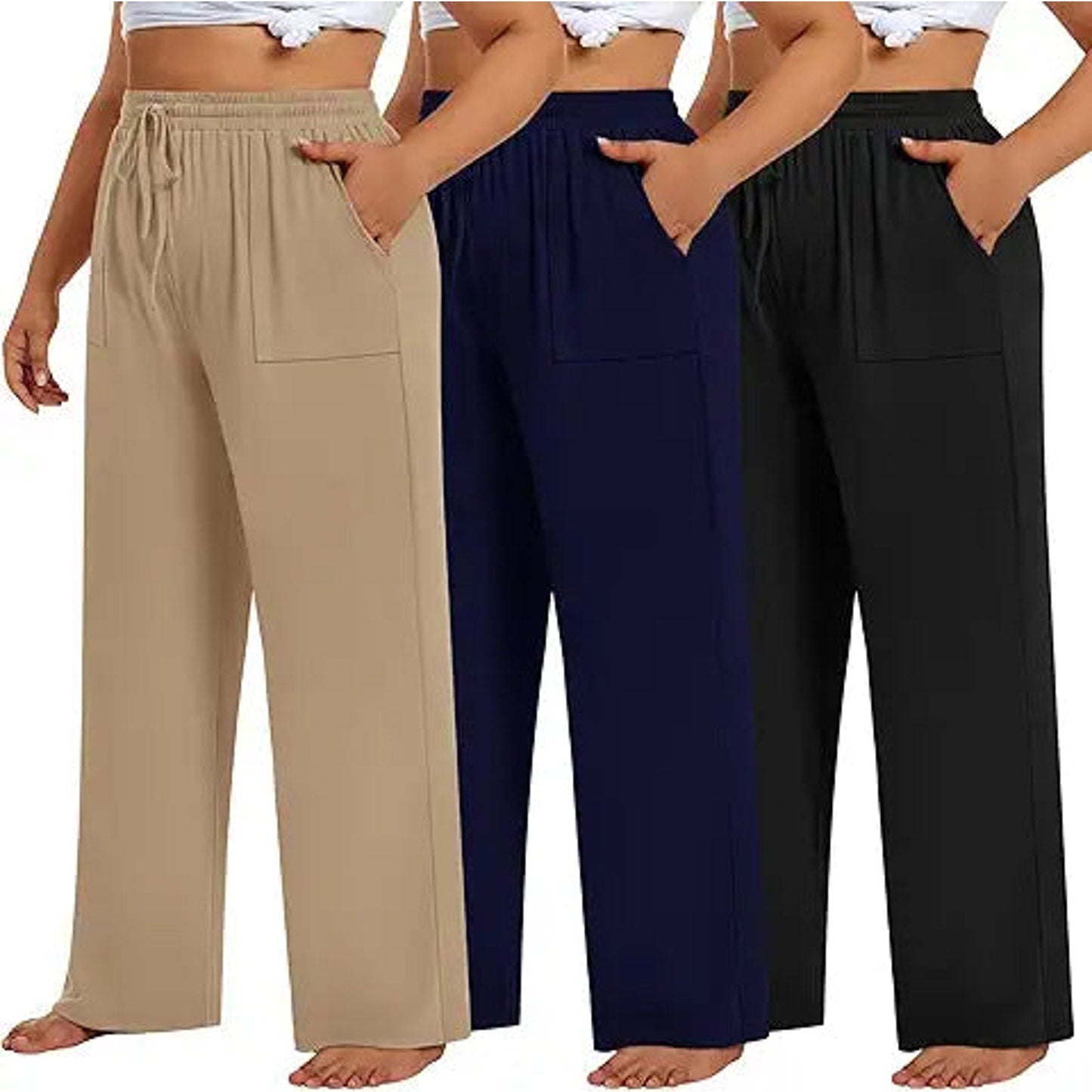 Evervibe 3 Pack Plus Size Pants for Women Wide Leg Casual Pant Drawstring Stretchy Waist F