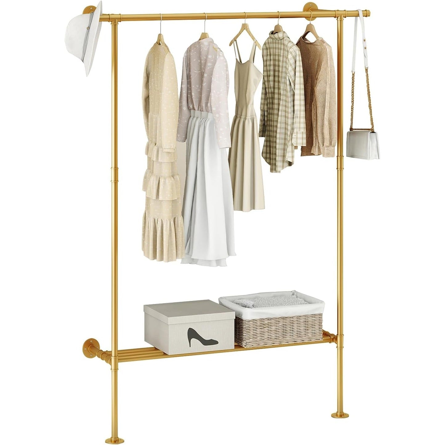 FJANKUI Gold Wall Mounted industrial pipe clothes rack with Shelf, clothing rack Rod for Closet and Walk-in Closet Systems, Multi-Purpose Sturdy Hanger for Hanging Clothes