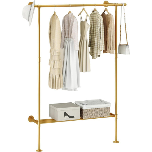 FJANKUI Gold Wall Mounted industrial pipe clothes rack with Shelf, clothing rack Rod for Closet and Walk-in Closet Systems, Multi-Purpose Sturdy Hanger for Hanging Clothes