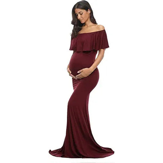 Glampunch Womens Off Shoulder Maternity Dress Ruffles Elegant Slim Gowns Fit Maxi Photogra