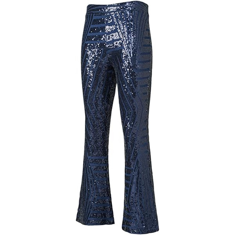 EVALESS Women Shiny Sequin Bell Bottom High Waisted Wide Leg