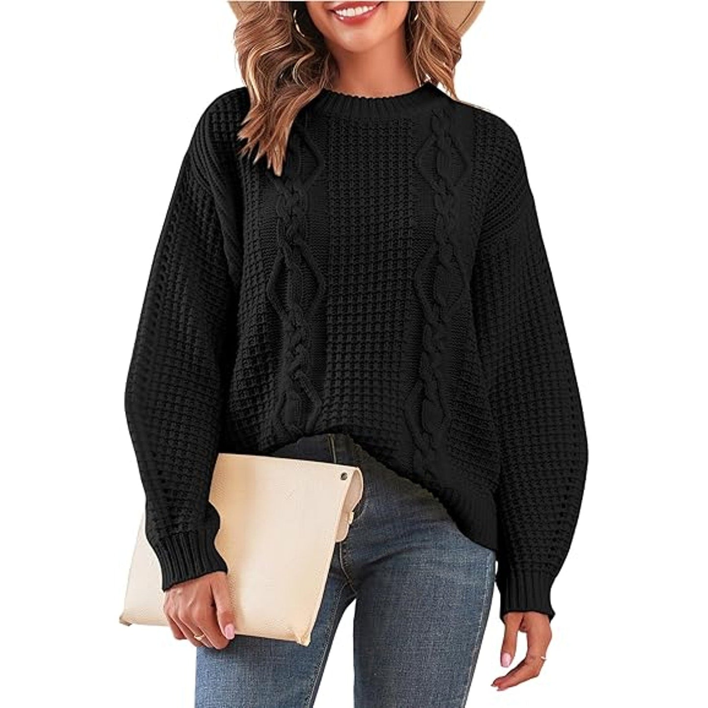Womens Sweater Cable Knit Oversized Sweaters Crewneck Long Sleeves Casual Knit Pullo