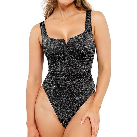 Popilush Sparkly Tops for Women Shapewear Bodysuit Tummy Control Square Neck Sleeveless Bo