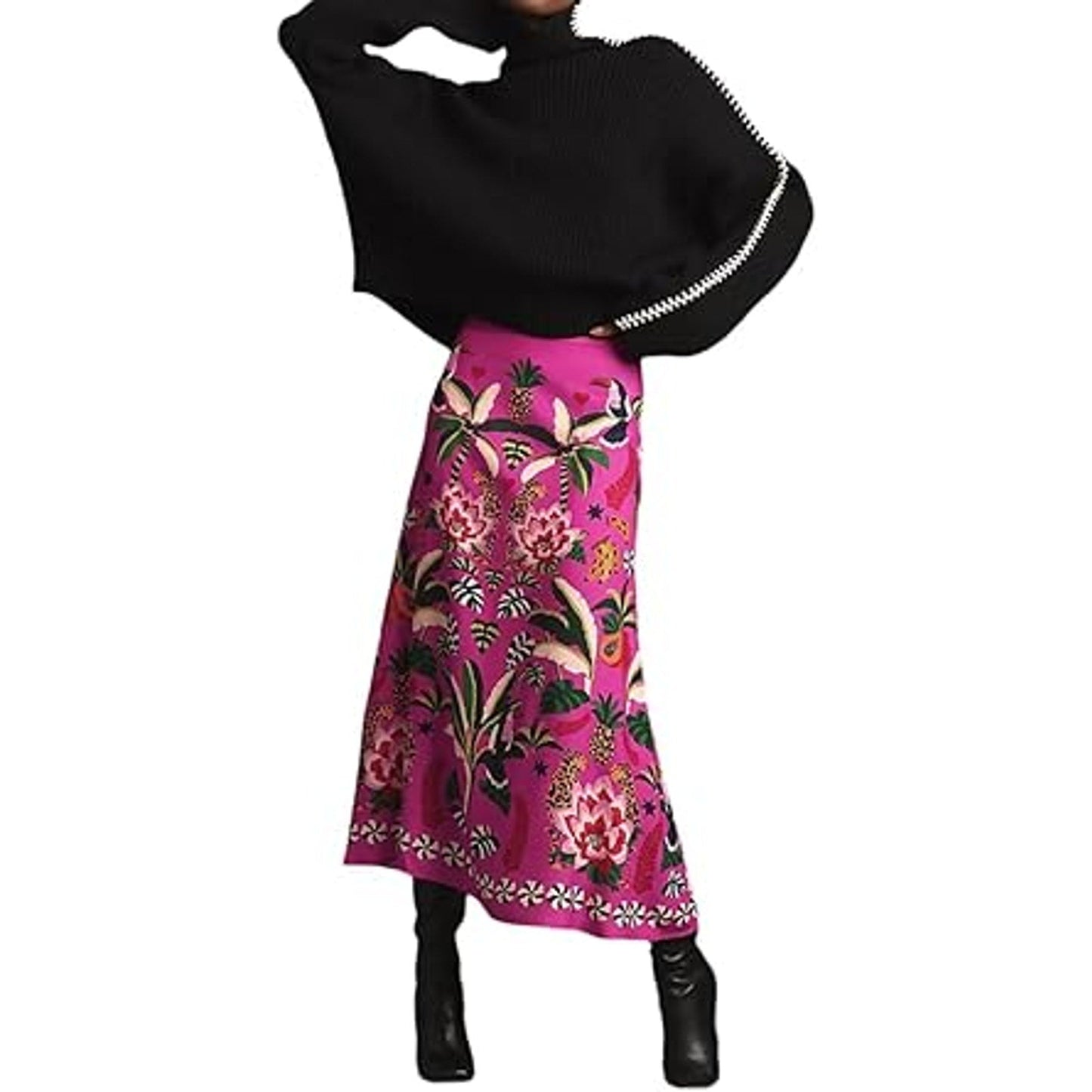 THLAI Womens Skirt Midi Skirt Tropical Plant Print Pink Zipper A-Line Long Skirts Spring S