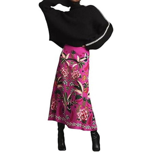 THLAI Womens Skirt Midi Skirt Tropical Plant Print Pink Zipper A-Line Long Skirts Spring S
