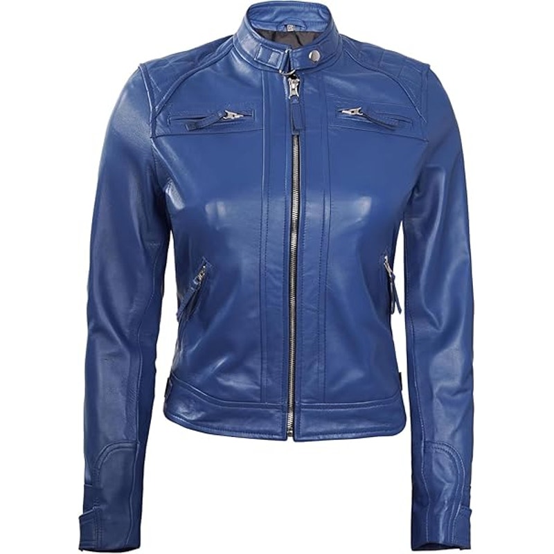 Decrum Leather Jacket Women - Motorcycle Jacket | Blue, S