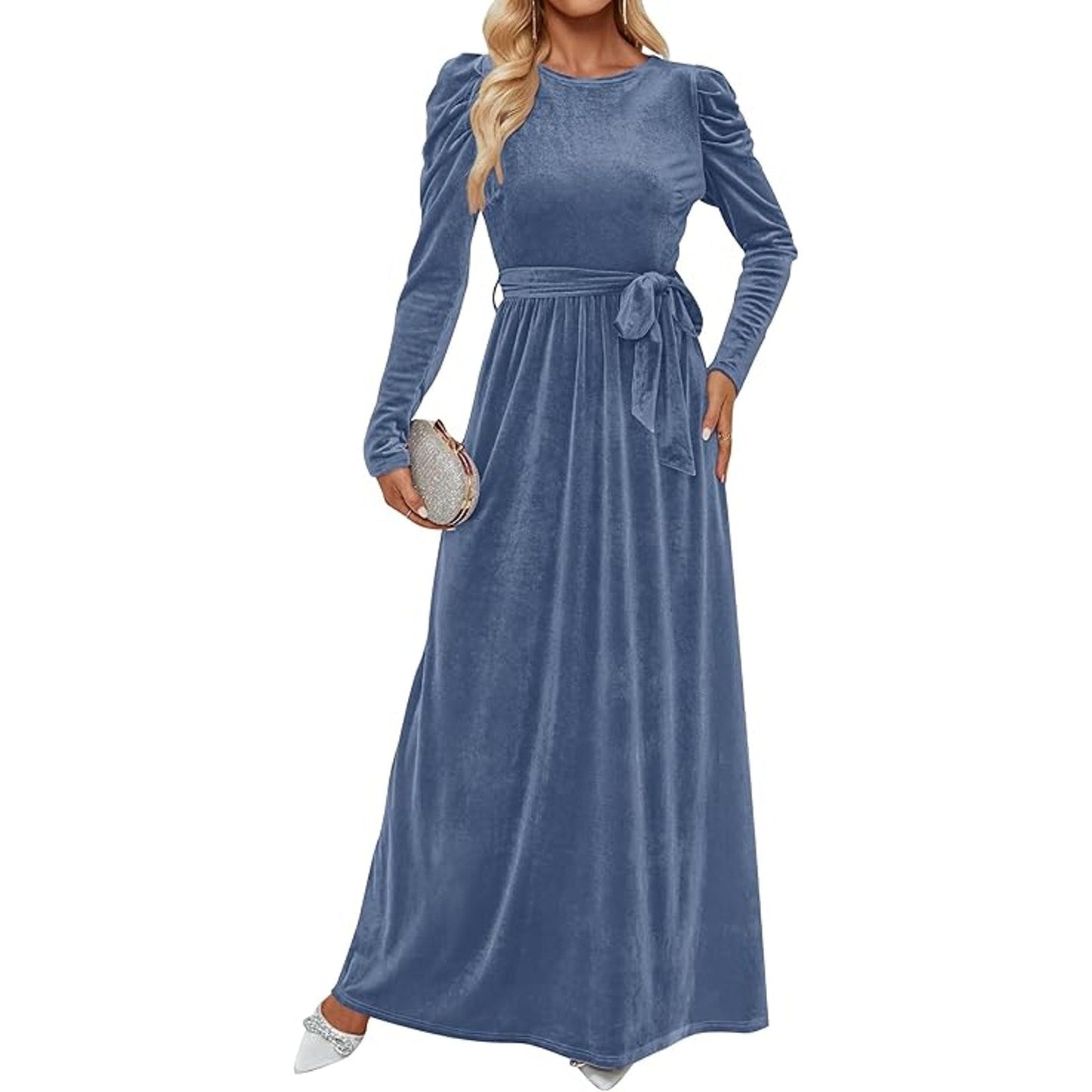 ZESICA Women's Velvet Maxi Dress Long Puff Sleeve Crew Neck Elastic High Waist Cocktail Pa