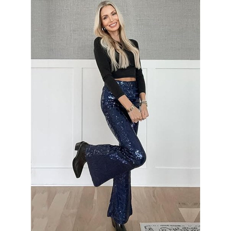 EVALESS Women Shiny Sequin Bell Bottom High Waisted Wide Leg